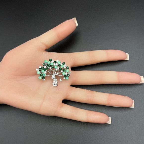 Silver with Green Opal Emerald and Diamond Crystal Blooming Tree Pin Back Brooch - Picture 9 of 9